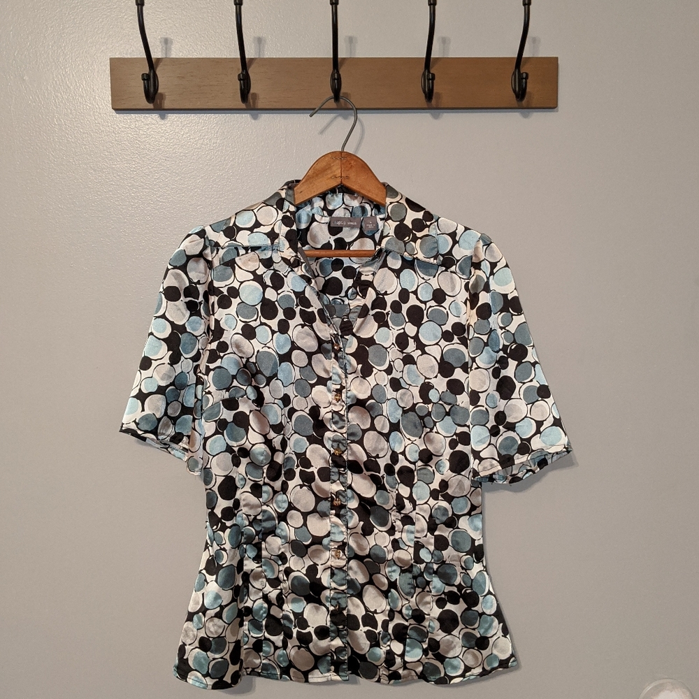 apt. 9 Stretch Button Down Shiny Polka Dot Blouse